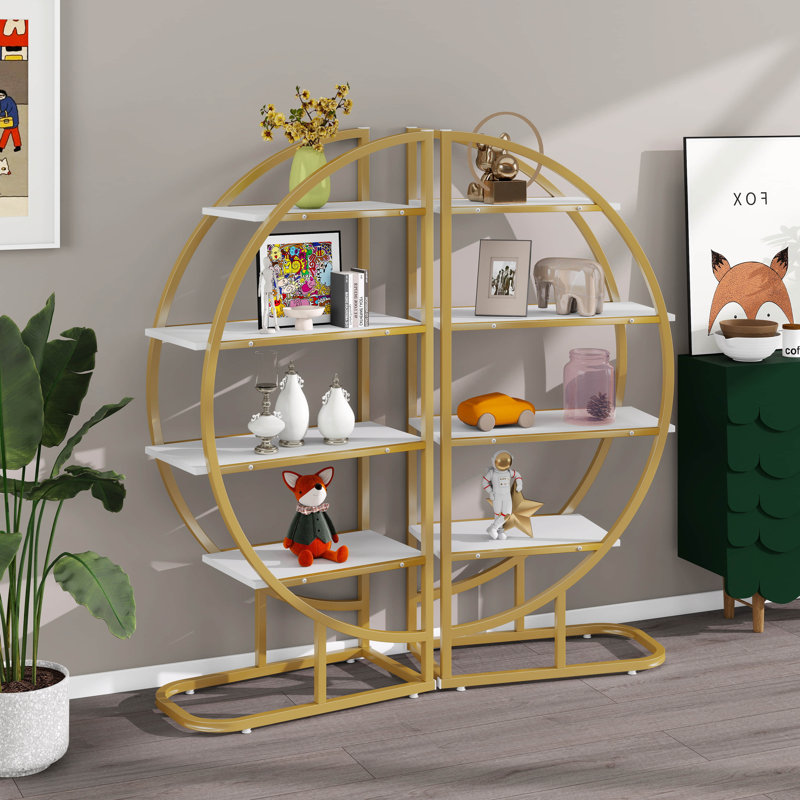 Round Bookcase, Home Office 4 Tier Bookshelf Open Freestanding Storage Shelf, MDF Board & Metal Frame