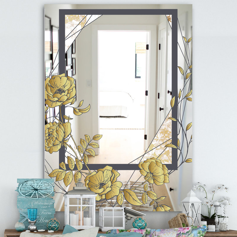 Gold Botanical Blooming 1 - Miroir de chalet et chalet - Miroir décoratif, H 39,4 po x l 29,5 po