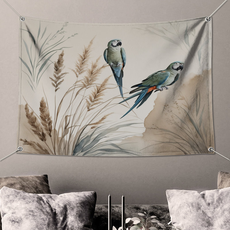 Tapisserie murale «Perroquets dans un habitat naturel» - Décoration murale oiseaux, H 50 po x l 60 po avec 4 œillets