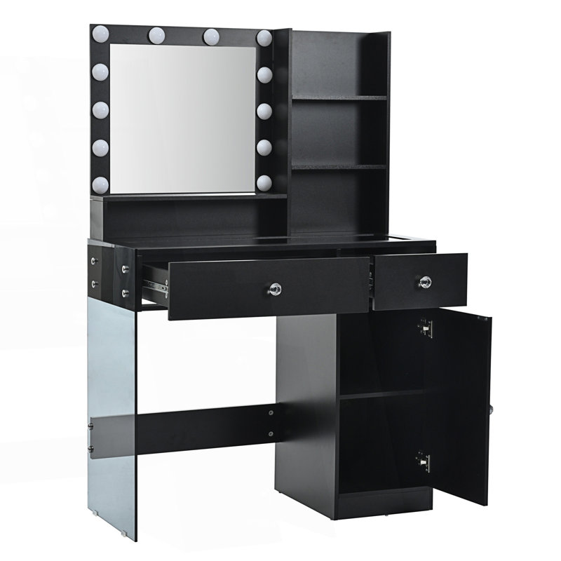 Meuble-lavabo avec miroir et 3 modes d'éclairage, meuble-lavabo avec plateau en verre et tablettes de rangement, Noir