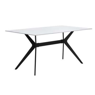 Table de salle à manger moderne avec plateau en pierre frittée et pieds en métal noir