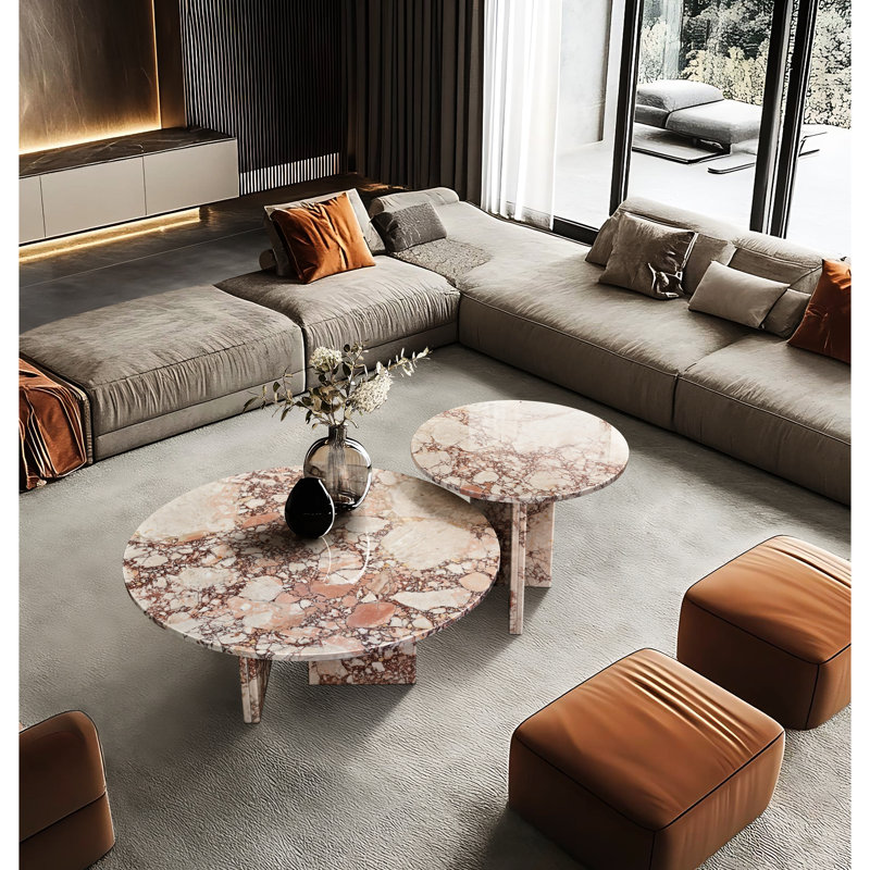 Table basse ronde en marbre rose naturel, pièce maîtresse pour un salon luxueux, diamètre de 70 cm et 45 cm, montage facile, idéale pour l'espace principal.