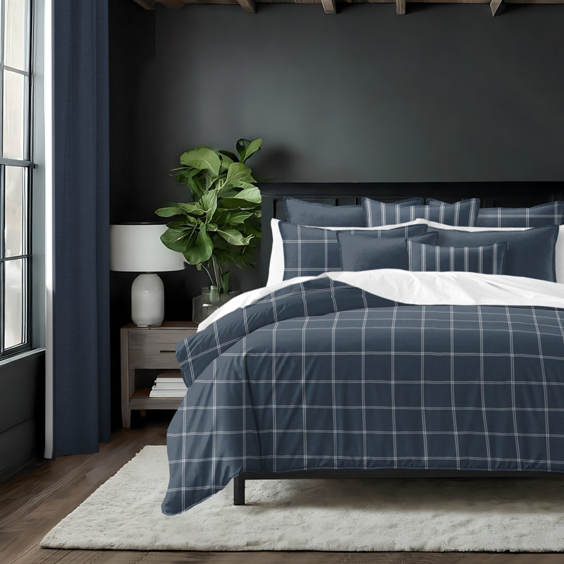Shay Window Pane Dark Denim Cotton Duvet Cover Set  8 Piece, Twin Duvet Cover + 7 Additional Pieces