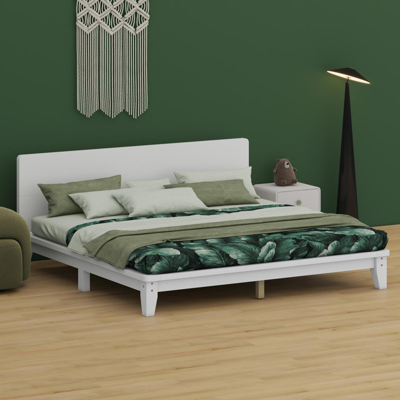 Base de lit plateforme avec tête de lit élégante et lattes de bois, Blanc