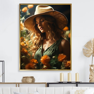 Femme avec chapeau de ferme sur toile