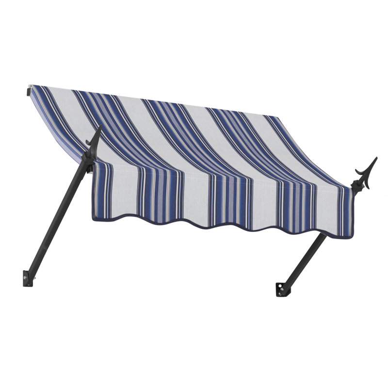 Awntech New Orleans Acrylic Fabric Fixed Awning with Iron Spear Arms, Navy/Gray/White Multi, 24" H x 40.5" W x 16" D