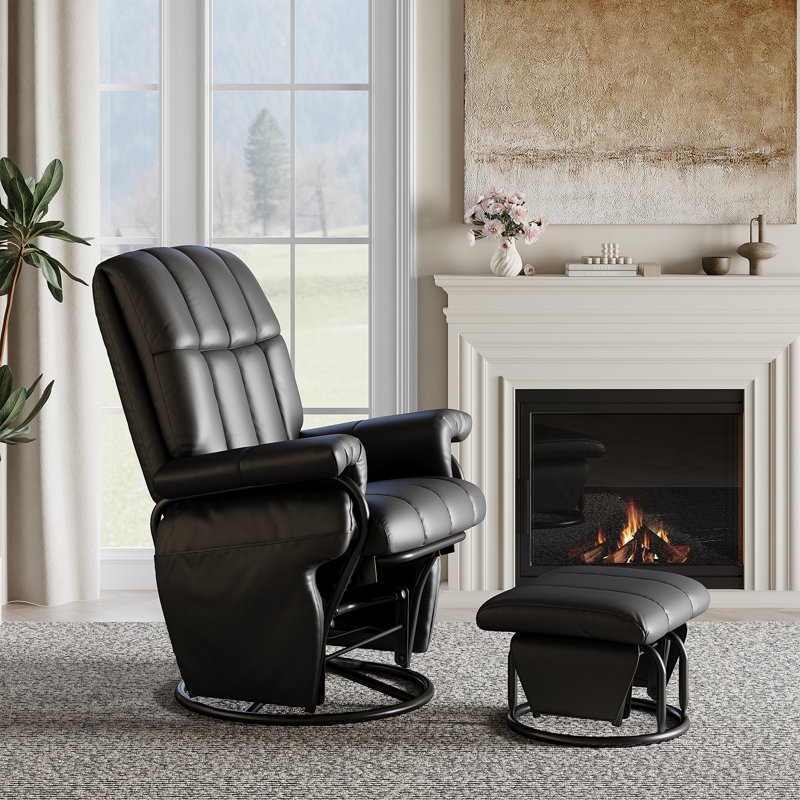 360°Swivel Glider Rocking Recliner Chair With Ottoman, Black Faux Leather