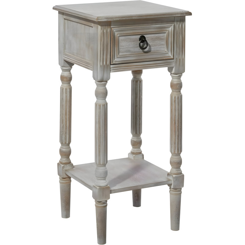 Rustic Farmhouse Wood Side Table With Drawer And Shelf, Pine And MDF Construction, Distressed White Finish