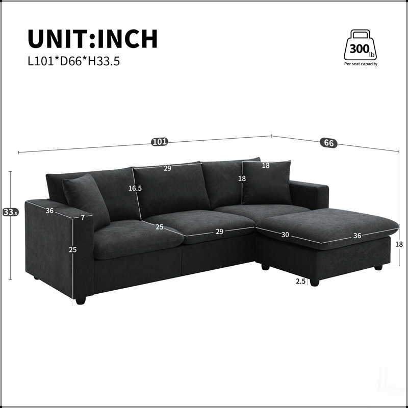 Ensemble de canapé modulaire en polyester avec 2 coussins gratuits et repose-pieds convertible