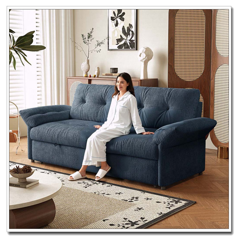 Canapé-lit convertible de 81,5 pouces avec structure en bois massif et tissu chenille doux, Blue Chenille