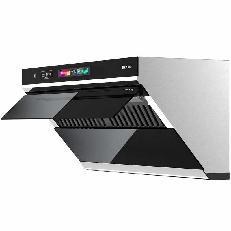 Hotte de cuisine convertible BRANO 30 pouces, 900 pi³/min, en acier inoxydable, avec commandes vocales, gestuelles et tactiles, ouverture automatique à 90°, filtres à chicane lavables au lave-vaisselle et filtre à charbon pour une utilisation sans conduit.