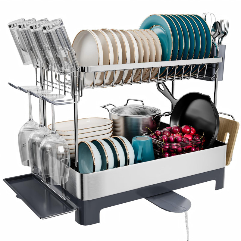 Large Dish Drying Rack, Multipurpose 2 Tier Dish Racks for Kitchen Counter, 304 Stainless, Extra Large Drain Board, (Gray)