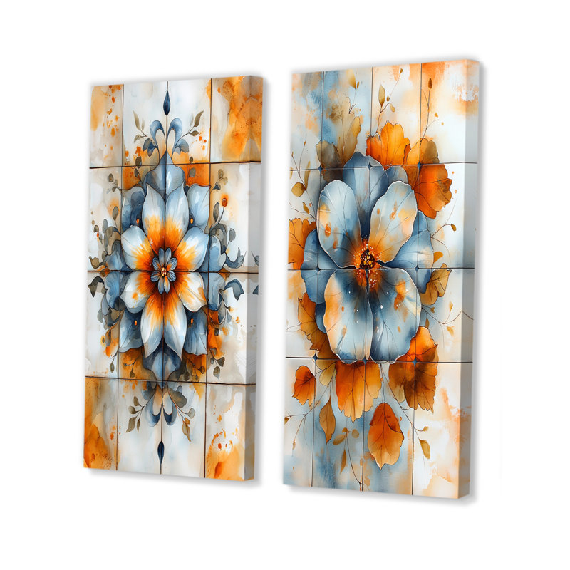 Blue Azulejo Artistry Boho Tiles I - Boho Tiles Wall Art, ensemble de 2 pièces, H 28 po x l 24 po, Toile tendue sur cadre