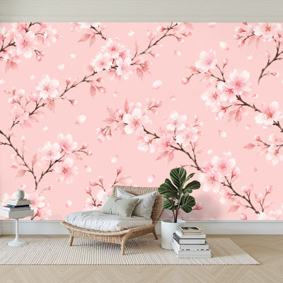 Papier peint adhésif peler et coller fleurs de cerisier rose pâle sans soudure Branches de pétales en papier auto-adhésif amovible pour décoration murale de salon H 100 po x l 144 po
