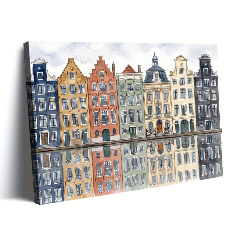 Reproduction d'art graphique sur toile tendue, "Watercolor Dutch Canal Homes Reflection Landscape", 12x18in