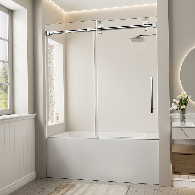 Porte de douche coulissante simple sans cadre, porte de baignoire avec poignée en acier inoxydable
