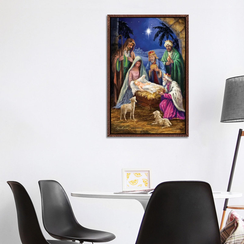 Holy Family With 3 Kings by Marcello Corti - Print, 101.6 cm H x 66.04 cm W, Classic Brown Wood Framed