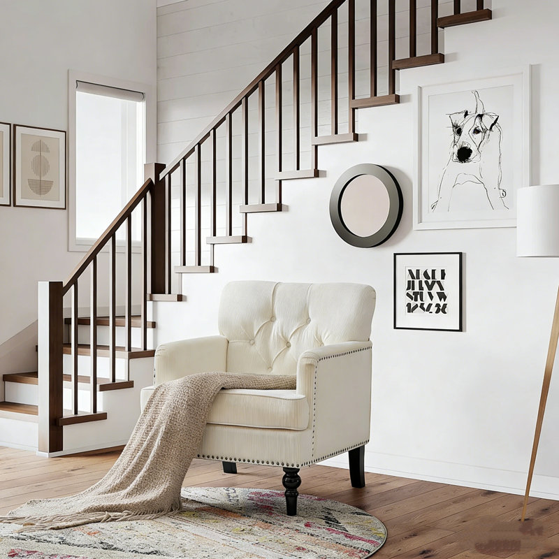 26.4" W Upholstered Corduroy  Tufted  Accent  Armchair, Beige
