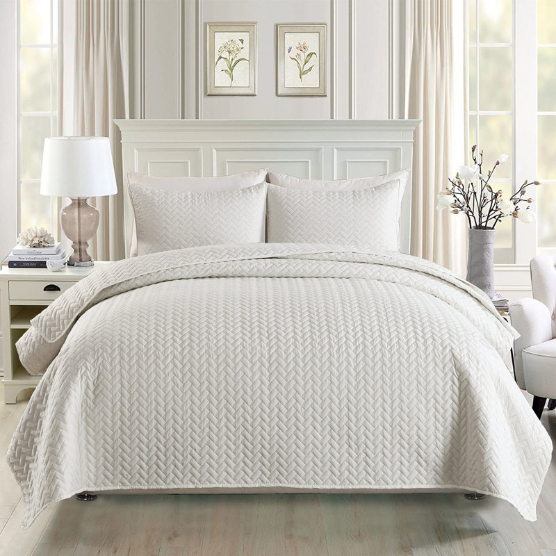 Ensemble de courtepointe réversible en microfibre 3 pièces , Courtepointe très grand + 2 très grandes taies d, Blanc