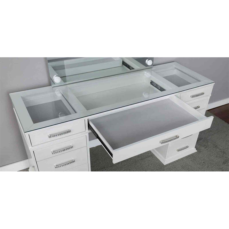 Glam Style Vanity Set With Padded Stool, 8Mm Glass Top, Storage Drawers, And LED Mirror For Luxurious Bedroom Decor