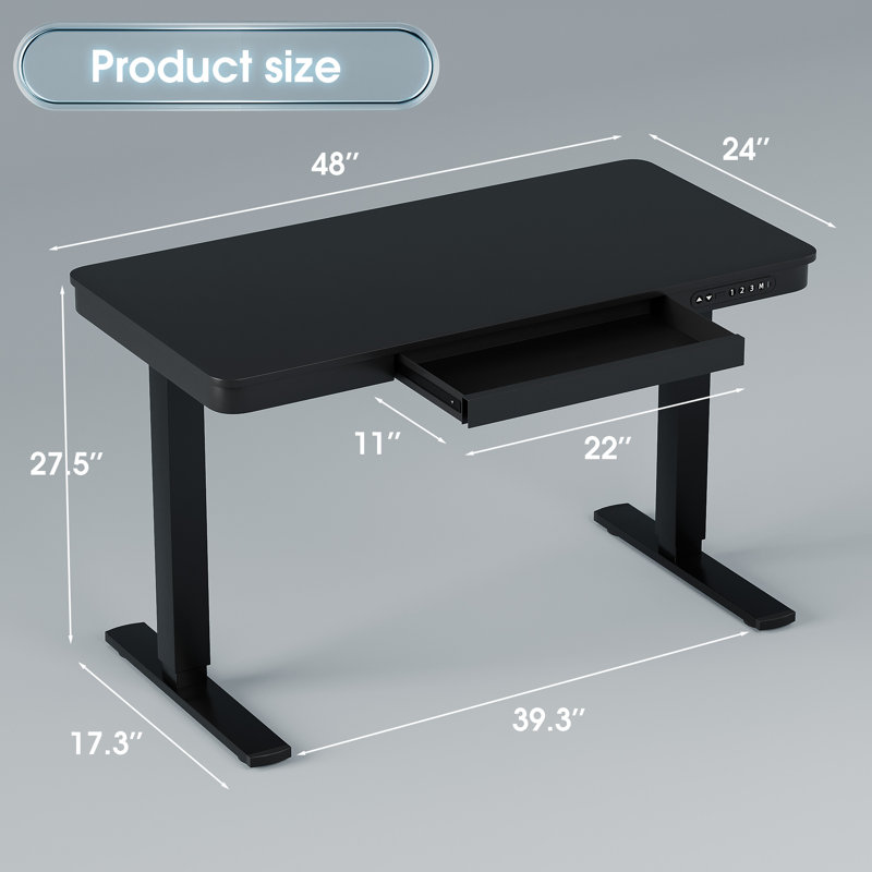 Height Adjustable Rectangle Standing Desk, Computer Desk with Drawer, USB Port and Type-C Port, Black