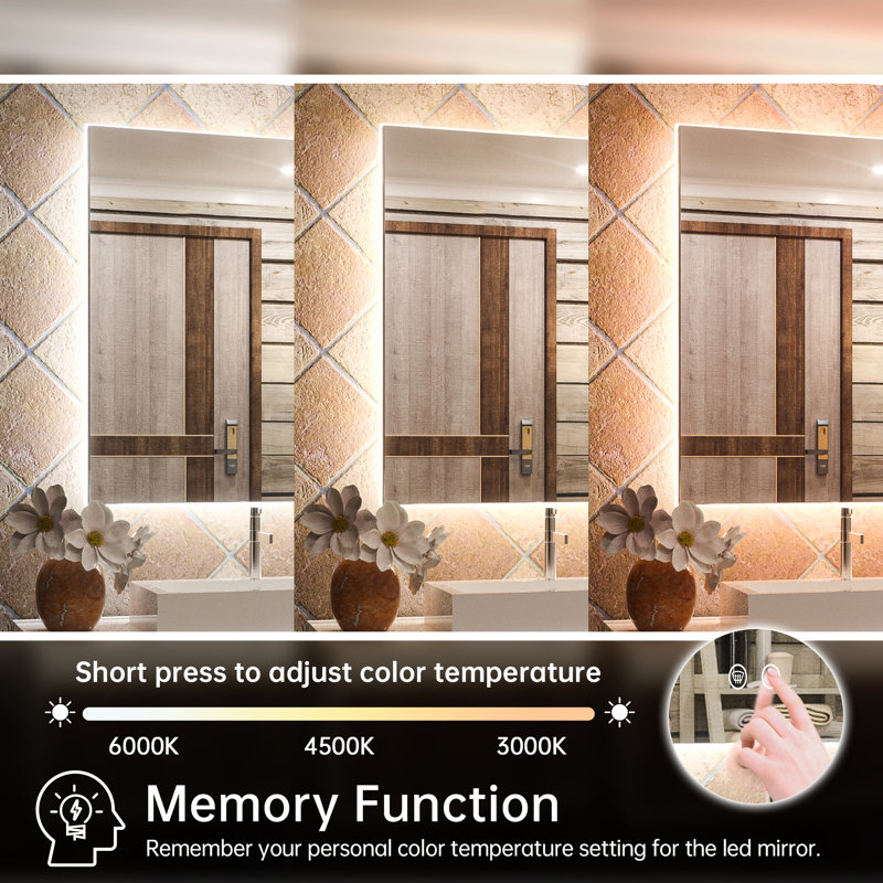 Chrisna LED Backlit Frameless Lighted Bathroom Vanity Mirror Wall Mirror 3 Color Adjust Dimmable Anti Fog, 30" x 48"