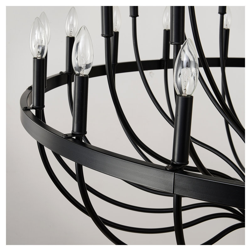 Lustre 24 lumières en fer noir mat avec détails en bois