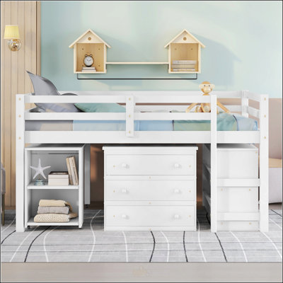 Low Study Full Loft Bed With Cabinet, Shelves, And Rolling Portable Desk, Perfect For Space-Saving And Multifunctional Use In Small Rooms