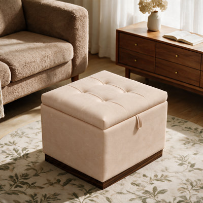 Pouf de rangement carré de 55 cm (21,6 po) capitonné avec couvercle relevable et base en bois