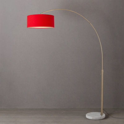 Lampe à arc 92 po Float - laiton patiné, base en marbre blanc, abat-jour en lin rouge cramoisi, à intensité variable, ampoule incluse