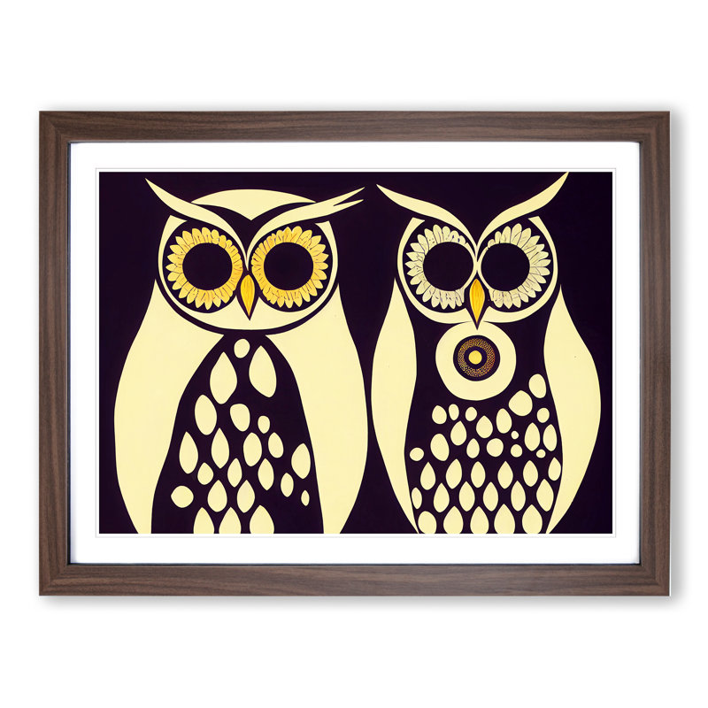 Retro Owls - Single Picture Frame Painting, 46cm H x 64cm W x 2cm D, Walnut Framed