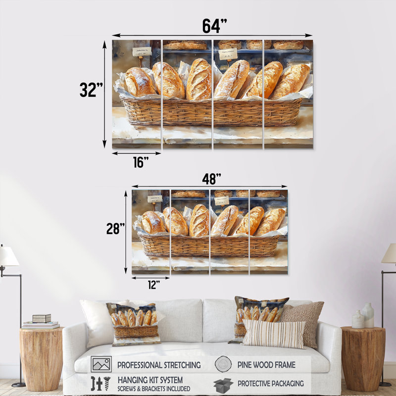 French Cafe Baguette Boulangerie I - ensemble d'art mural café français, H 32 po x l 64 po