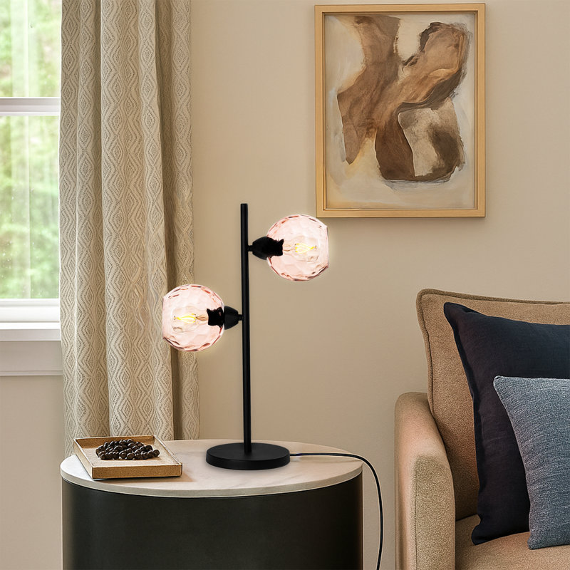 Lampe de table à culot en verre 2 lumières avec base en métal noir - Double lumière moderne, Rose, Noir
