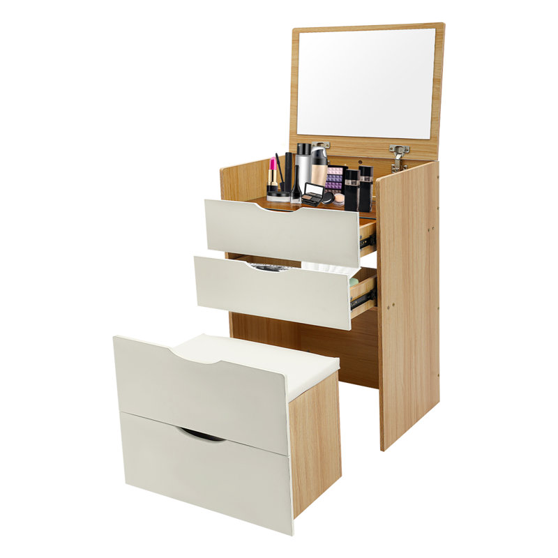 Makeup Vanity Table Set Vanity Desk Bedside Table Storage Cabinet With Mirror, 3 Drawers, Stool, Log/White