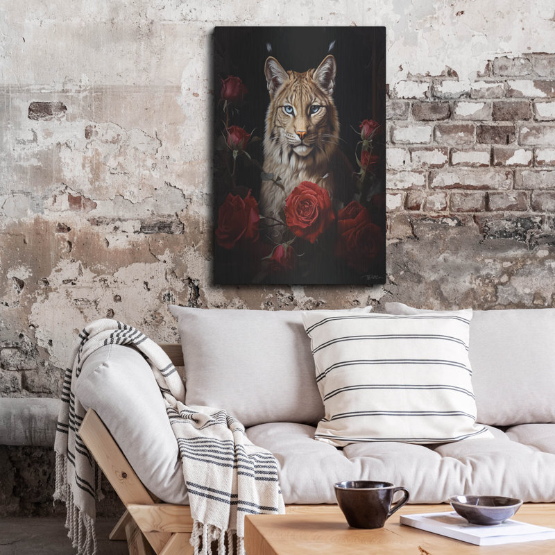 Art mural en métal 24 po x 36 po Winston Porter «Lynx Parmi Les Roses» par Momart, H 36 po x l 24 po
