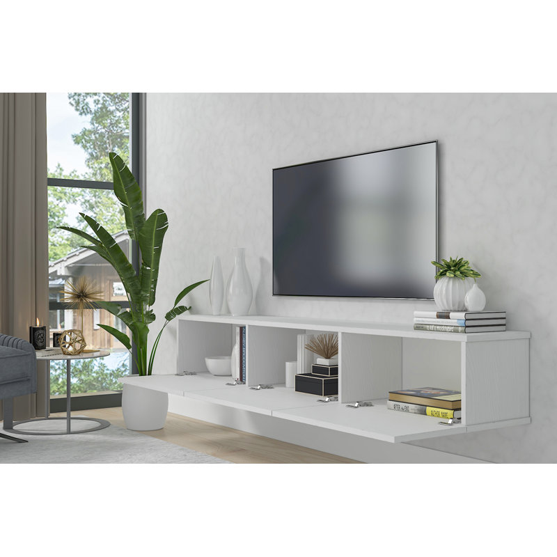 Ozge Modern 71" Floating TV Stand with Storage  Wall-Mounted Media Console for TVs up to 80", Wood White