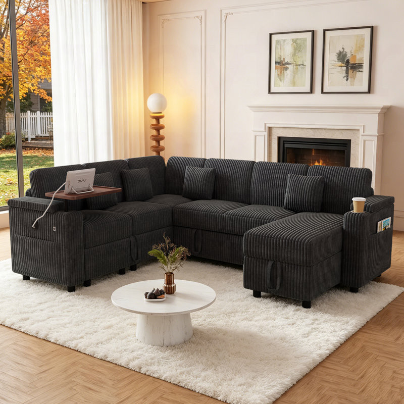 100" W U-Shaped Corduroy Pull-Out Sofa Bed Sectional With Storage Chaise and USB Ports., Light Gray Corduroy