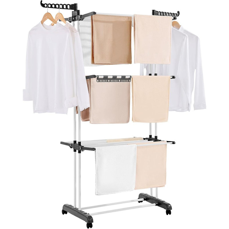 Séchoir à linge pliable à 4 niveaux, support à linge en métal avec ailes latérales, cintre portatif autoportant avec roulettes, style utilitaire intérieur et extérieur