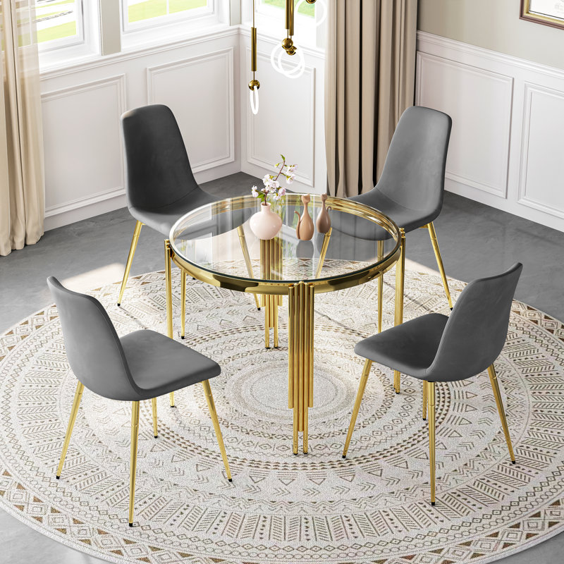 Round Glass Dining Table Set For 4, Modern Irregular Stainless Steel Table With Velvet Cushioned Chairs, Gray/Gold