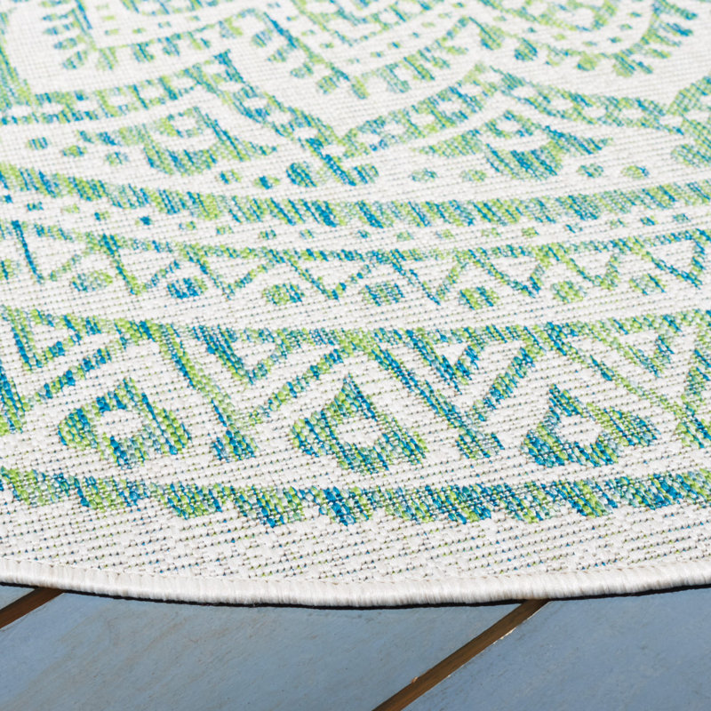 Tapis intérieur / extérieur ivoire / vert Elida, Tapis de couloir 2 pi 3 po x 14 pi
