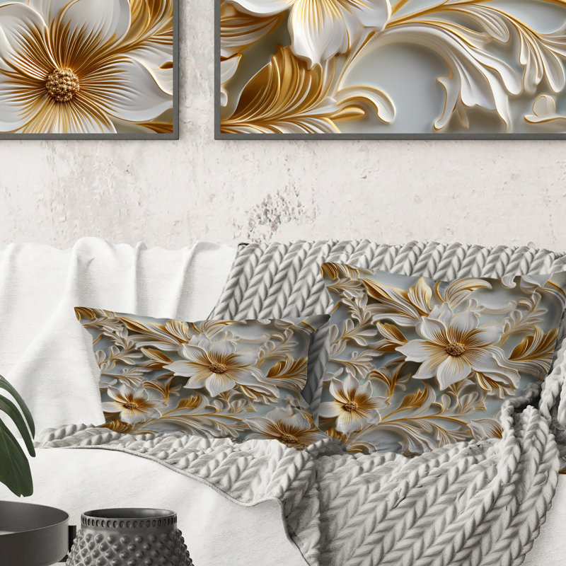 Coussin décoratif doré et blanc Royal Flower Garden Serenity