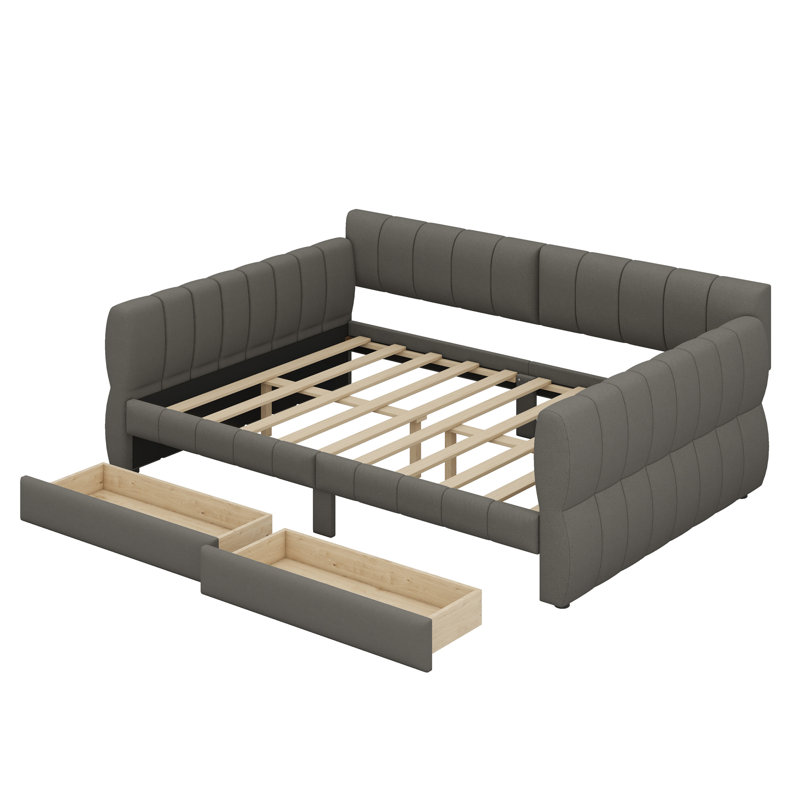Lit plateforme tapissier avec port USB et 2 tiroirs, Gris