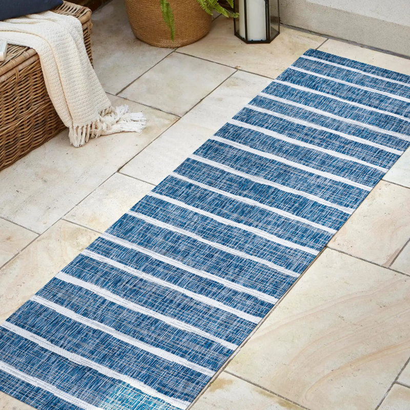 Tapis intérieur / extérieur bleu / ivoire London, Tapis de couloir 2 pi 2 po x 8 pi