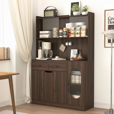 71"Tall Kitchen Pantry Storage Cabinet, Large Capacity Display Cabinet With Reeded Glass Doors And Microwave Stand, Bakers Racks With Storage For Kitc