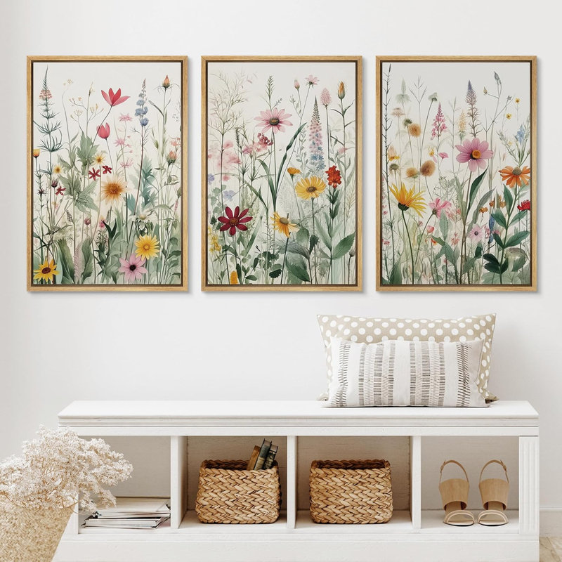 Vibrant Wildflower Green Garden Floral Boho Artwork Framed On Canvas 3 Piece Paintings Print Wall Decor, 24" H x 16" W