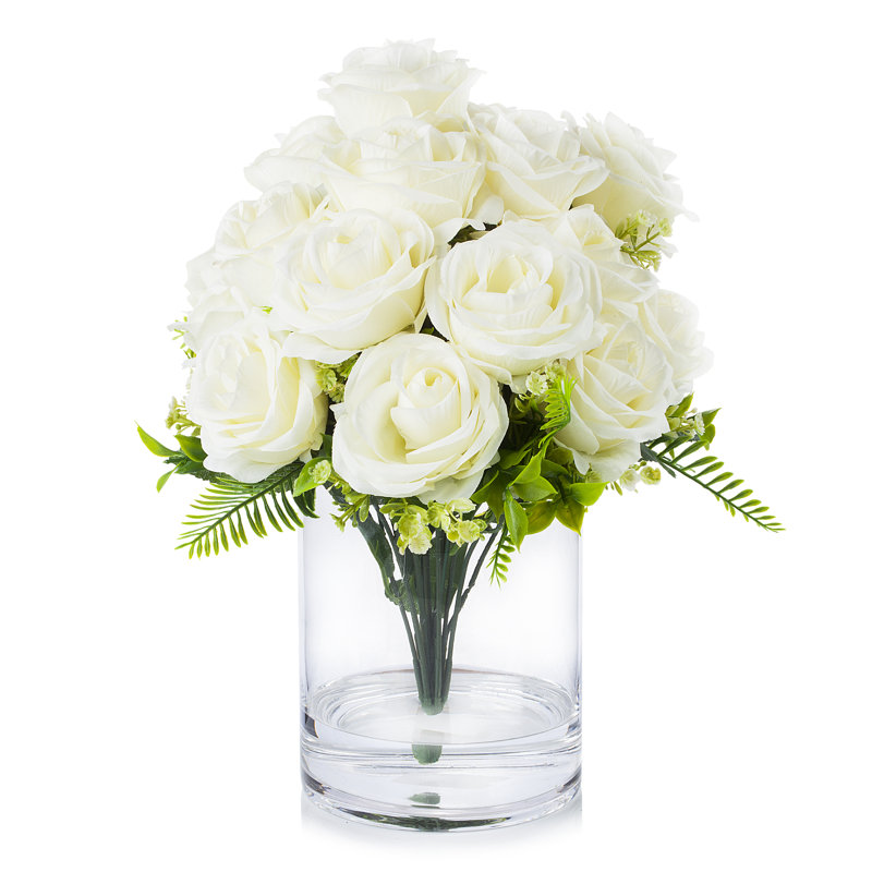 Arrangement floral roses en soie dans un vase, Crème