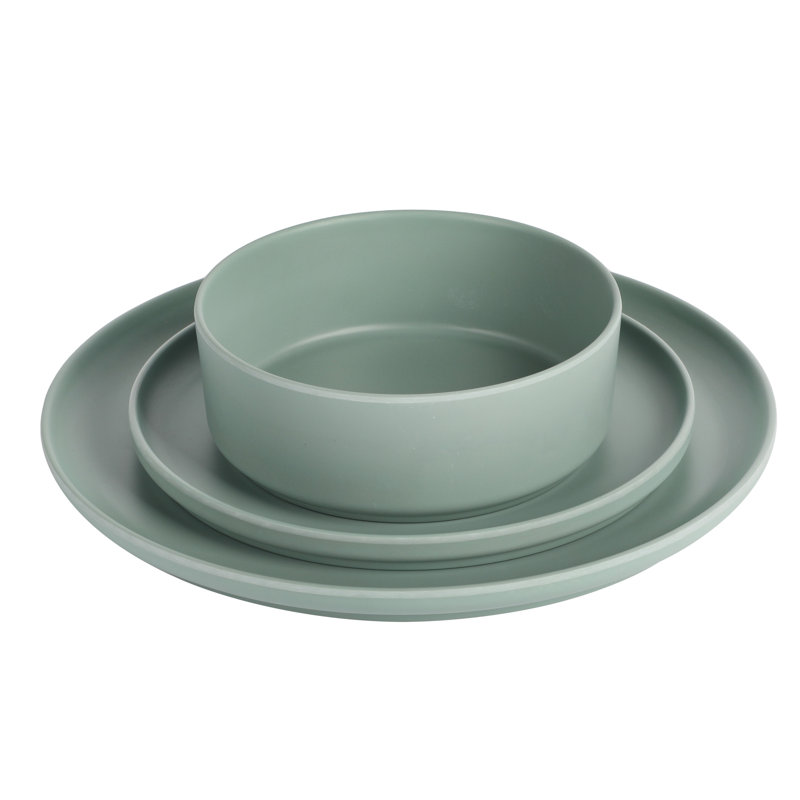 Ebern Designs Diedri Crest 12 Piece Stackable Melamine Dinnerware Set in Sage
