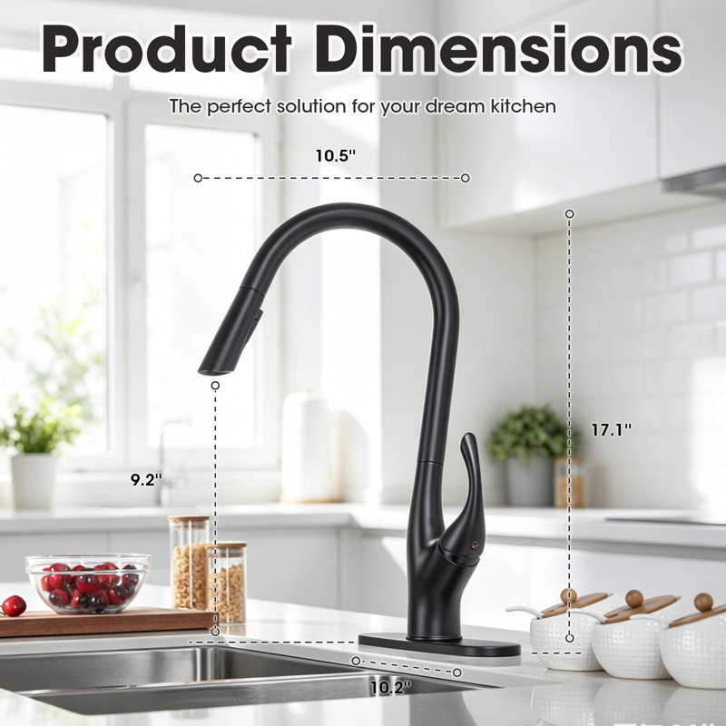 Robinet de cuisine 3 fonctions avec douchette extractible, poignée simple, noir mat, Matte Black