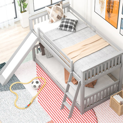 Lit superposé simple gris / simple avec glissière intégrée et réversible, idéal pour les petites chambres à coucher, structure en bois, assemblage facile, tête de lit simple sur glissière convertible simple, structure en pin, bas simple