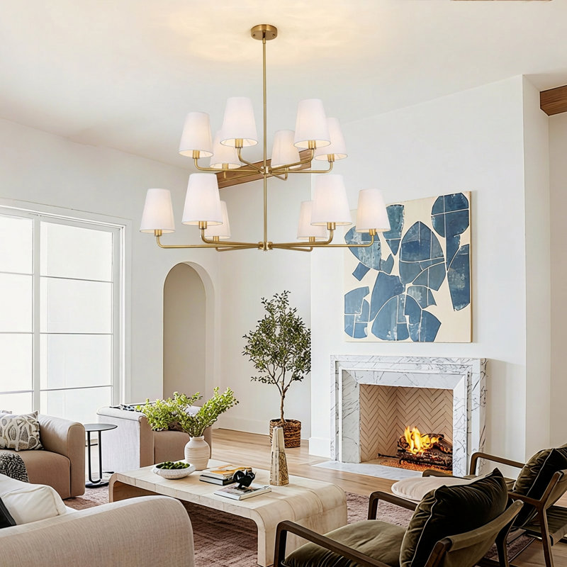 12-Light Adjustable Sputnik Chandelier – Linen Shades, Sloped-Ceiling Compatible, Dimmable Dining Room Statement Fixture.